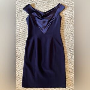 Tahari Navy Satin-Draped Neckline Midi Dress